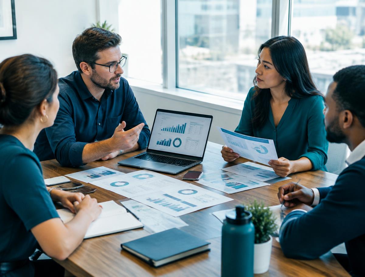 Consulting team discussing charts and reports
